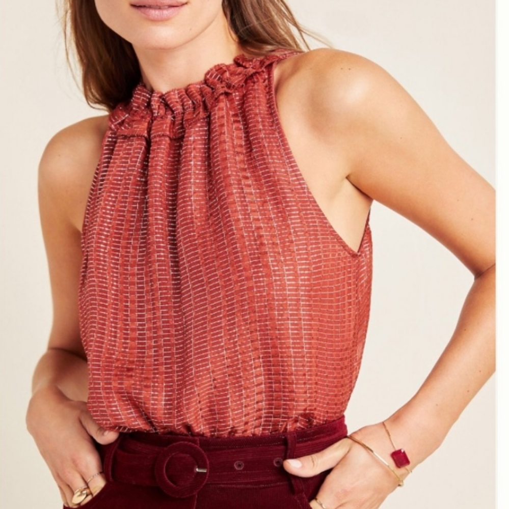 Dolan Silk Blend Tank Prasong Ruffle High-Neck Blouse Metallic Layer Fall